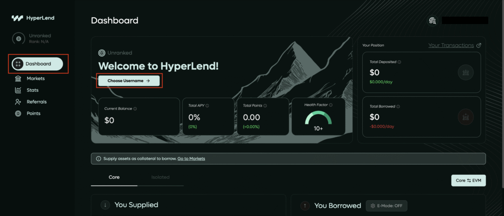 Interface du dashboard HyperLend permettant de suivre ses dépôts, points et progression pour l’airdrop HyperLend.