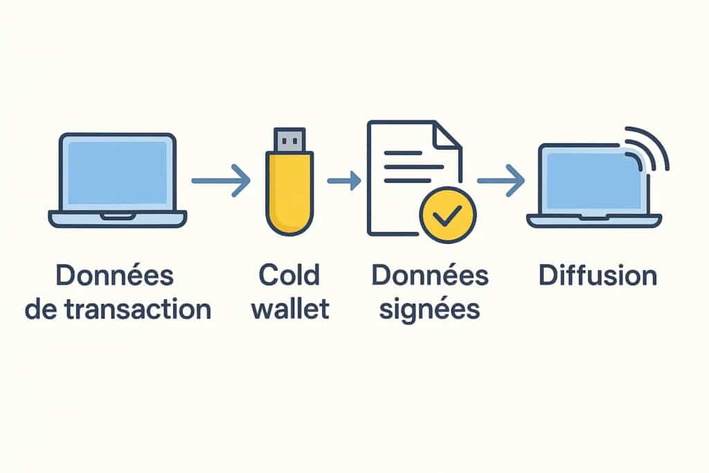 Schéma sur l'utilisation d'un cold wallet crypto avec la seed phrase